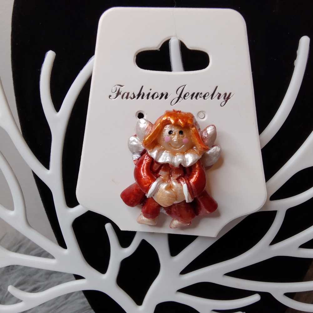 🎄Angel wearing Red & white dress with red hair Brooch lapel pin